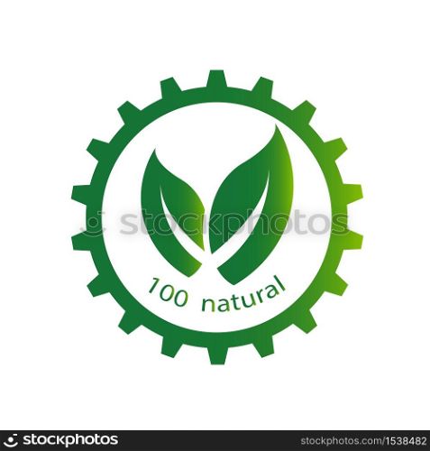 ecology gear and leaf logo,100 percent natural label,Vector illustration