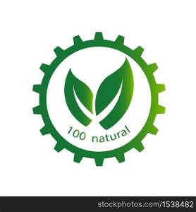 ecology gear and leaf logo,100 percent natural label,Vector illustration