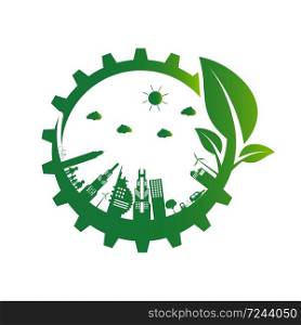 Ecology gear.Green cities help the world with eco-friendly concept ideas,Vector illustration