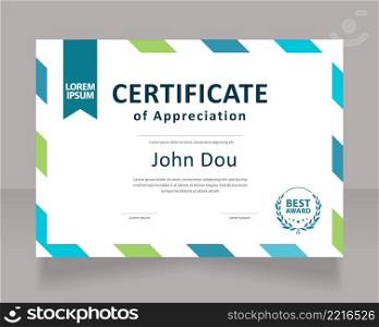 Ecology green certificate design template. Program participant. Vector diploma with customized copyspace and borders. Printable document for awards and recognition. Calibri, Myriad Pro fonts used. Ecology green certificate design template