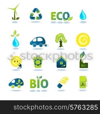 Ecology green energy and recycling icons with shadows set isolated vector illustration. Ecology Icons Set