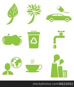 Ecology green icons collection isolated on white. Vector poster in flat design of signs presenting healthy lifestyle for nature. Ecology Green Icons Collection Isolated on White