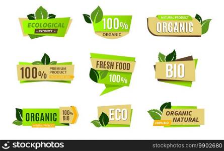 Ecology icon. Colorful tags for natural and organic products. Green square labels with floral elements and lettering. Isolated eco or bio signs. Stickers with leaves. Fresh nutrition, vector set. Ecology icon. Colorful tags for natural and organic products. Labels with floral elements and lettering. Isolated eco or bio signs. Stickers with leaves. Fresh nutrition, vector set