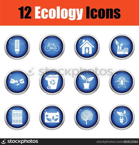 Ecology icon set. Glossy button design. Vector illustration.