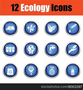 Ecology icon set. Glossy button design. Vector illustration.