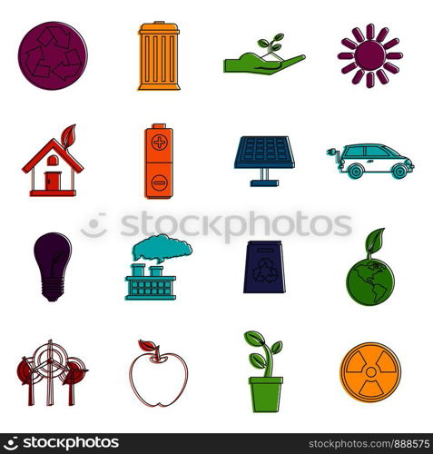 Ecology icons set. Doodle illustration of vector icons isolated on white background for any web design. Ecology icons doodle set
