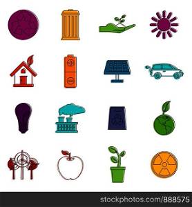 Ecology icons set. Doodle illustration of vector icons isolated on white background for any web design. Ecology icons doodle set
