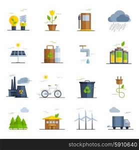 Ecology Icons Set. Ecology icons set with bicycle forest solar energy and water flat isolated vector illustration