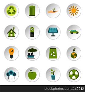 Ecology icons set in flat style. Environmental, recycling, renewable energy, nature elements set collection vector icons set illustration. Ecology icons set, flat style