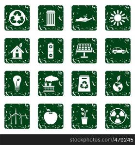 Ecology icons set in grunge style green isolated vector illustration. Ecology icons set grunge