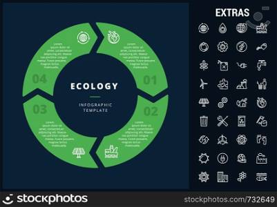 Ecology infographic template, elements and icons. Infograph includes customizable circular diagram, line icon set with resources of green energy, environmental cycle, water and sun power, factory etc.. Ecology infographic template, elements and icons.