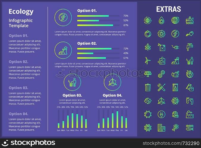 Ecology infographic template, elements and icons. Infograph includes customizable graphs, four options, line icon set with resources of green energy, environmental cycle, water and sun power etc.. Ecology infographic template, elements and icons.