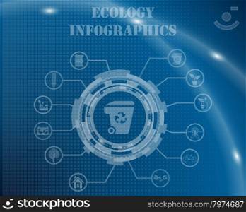 Ecology Infographic Template From Technological Gear Sign, Lines and Icons. Elegant Design With Transparency on Blue Checkered Background With Light Lines and Flash on It. Vector Illustration.