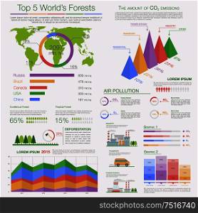 Ecology infographics of air pollution and deforestation with different diagrams, charts and maps, supplemented by text layouts and illustrations. Eco presentation and education, nature and healthcare theme design. Air pollution and deforestation infographics