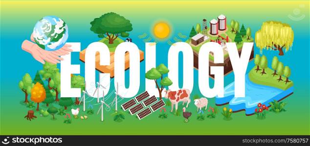 Ecology isometric horizontal banner header title lettering with forests water solar panels renewable energy resources vector illustration