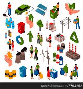 Ecology isometric set with people involved in cleaning environment waste bags solar panels wind turbines isolated vector illustration . Ecology And Garbage Isometric Set