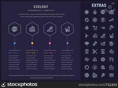Ecology options infographic template, elements and icons. Infograph includes line icon set with resources of green energy, environmental cycle, water and sun power, oil rig, nuclear power plant etc.. Ecology infographic template, elements and icons.