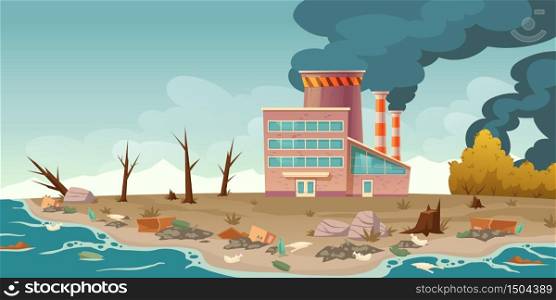 Ecology pollution, factory pipes emitting smoke and make dirty air, rubbish floating in polluted ocean, lie on sea beach. Forest cutting, deforestation ecological problem, Cartoon vector illustration. Ecology pollution, factory pipes emitting smoke