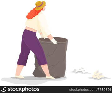 Ecology problems and global pollution concept. Volunteer woman is cleaning area. Girl volunteering collects garbage and rubbish on contaminated territory. Character throwing trash and paper waste. Girl volunteering collects garbage and rubbish on contaminated territory. Woman throwing paper waste