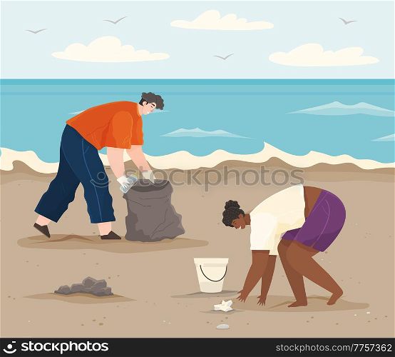 Ecology problems and global pollution concept. Volunteers are cleaning beach. Couple volunteering collects garbage on contaminated area. Man and woman cleaning up paper and plastic waste on shore. Man and woman cleaning up paper and plastic waste on shore. Volunteers collect garbage on beach