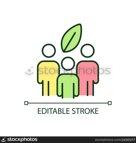 Ecology protecting community RGB color icon. Responsible usage of natural resources. Eco activism. Isolated vector illustration. Simple filled line drawing. Editable stroke. Arial font used. Ecology protecting community RGB color icon