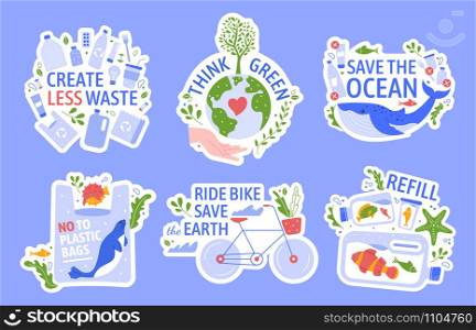 Ecology protecting. Save the environment, zero waste, save the ocean and recycle concept vector illustration icons set. Anti plastic. Eco friendly lifestyle. Ecological stickers with slogans. Ecology protecting. Save the environment, zero waste, save the ocean and recycle concept vector illustration icons set. Green peace, anti plastic. Eco action, reusing. Ecological stickers with slogans