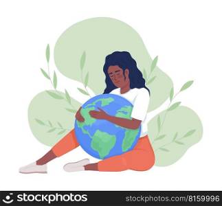 Ecology protection 2D vector isolated illustration. Lady embracing Earth globe flat character on cartoon background. Environment colourful editable scene for mobile, website, presentation. Ecology protection 2D vector isolated illustration
