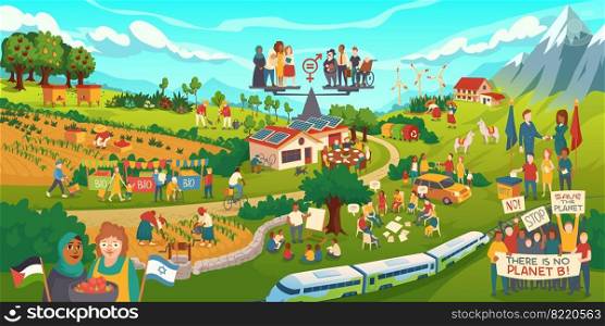 Ecology protection and save nature concept. People planting trees, harvesting crop on field, voting on election. Palestinian and Israeli friendship, bio products sale cartoon flat vector illustration. Ecology protection and save nature vector concept