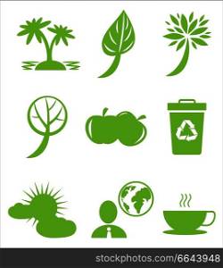 Ecology protection themed icons set. Greening planting and recycling agitation isolated vector illustrations on white background.. Ecology Protection Themed Green Flat Icons Set