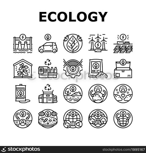Ecology Protective Technology Icons Set Vector. Eco Box Packaging And Ecology Clean Electrical Car, Plastic Recycling Conveyor And Biotechnology Processing Black Contour Illustrations. Ecology Protective Technology Icons Set Vector
