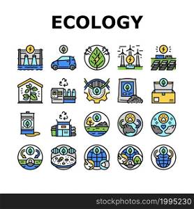 Ecology Protective Technology Icons Set Vector. Eco Box Packaging And Ecology Clean Electrical Car, Plastic Recycling Conveyor And Biotechnology Processing Line. Color Illustrations. Ecology Protective Technology Icons Set Vector