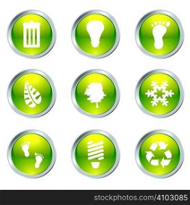 Ecology set of nine icons with silver bevel in green