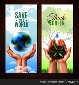 Ecology set of vertical banners with realistic female hands, planet earth, sprout, water drop isolated vector illustration . Ecology Realistic Hands Banners