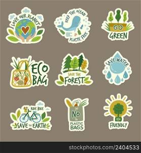 Ecology. Stickers with green planets eco environment friendly ecology save earth recent vector badges collection. Illustration of planet environment, natural eco and zero waste. Ecology. Stickers with green planets eco environment friendly ecology save earth recent vector badges collection