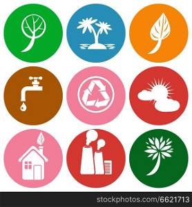 Ecology themed round colorful icons with white signs of environment protection and pollution danger vector illustrations set.. Ecology Themed Round Colorful Isolated Icons Set