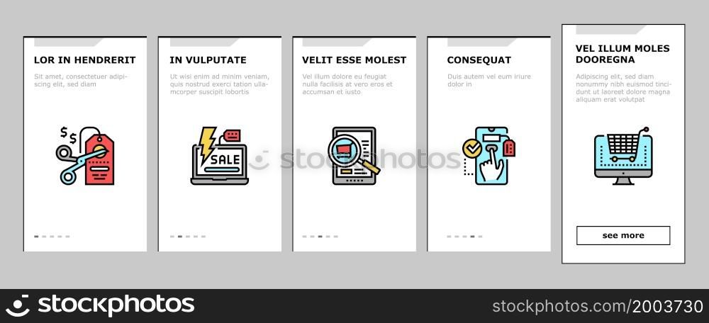 Ecommerce And Online Shopping Onboarding Mobile App Page Screen Vector. Ecommerce Smartphone Application And Online Payment, Electronic Purchase And Choosing Product, Discount And Sale Illustrations. Ecommerce And Online Shopping Onboarding Icons Set Vector