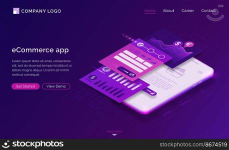 ECommerce app banner. Mobile payment concept. Vector landing page of online shopping with isometric illustration of UI UX design, interface layout on smartphone screen. Landing page of eCommerce app, mobile payment