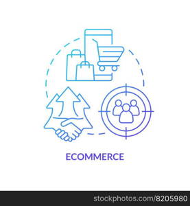 Ecommerce blue gradient concept icon. Social commerce. Live shopping. Creator economy trend abstract idea thin line illustration. Isolated outline drawing. Myriad Pro-Bold font used. Ecommerce blue gradient concept icon