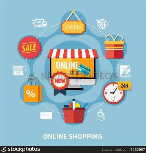 Ecommerce Colored Composition. Ecommerce flat colored composition with online shopping headline and icons around in the form of ring vector illustration