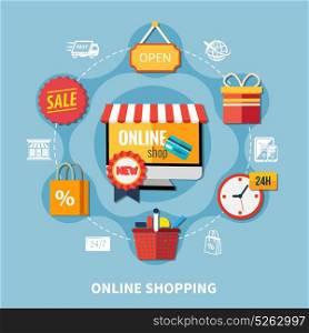 Ecommerce Colored Composition. Ecommerce flat colored composition with online shopping headline and icons around in the form of ring vector illustration