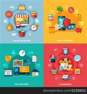 Ecommerce Colored Composition Set. Ecommerce colored composition set with online shopping safety payment fast delivery headlines vector illustration