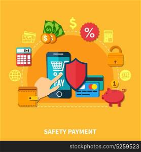 Ecommerce Flat Composition. Ecommerce colored flat composition with tools for pay and safety payments headline vector illustration