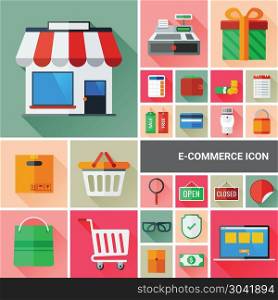 Ecommerce icon set collection with flat and long shadow design