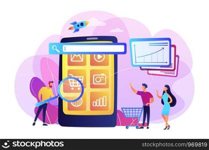 Ecommerce, internet shopping promotion campaign. Mobile media optimization, mobile SEO strategy, targeted communication channel concept. Bright vibrant violet vector isolated illustration. Mobile media optimization concept vector illustration