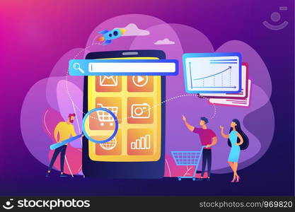 Ecommerce, internet shopping promotion campaign. Mobile media optimization, mobile SEO strategy, targeted communication channel concept. Bright vibrant violet vector isolated illustration. Mobile media optimization concept vector illustration