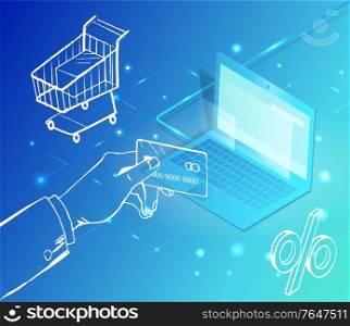 Ecommerce online business. Internet shop concept. Hand of client holding credit card, customer paying for products ordered from store. Laptop and shopping cart, percent drawn. Vector in flat style. Ecommerce PC Computer and Credit Card Payment
