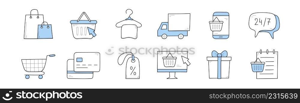 Ecommerce, retail and shopping doodle icons. Paper bags, cart with arrow pointer, hanger with clothes, delivery truck, smartphone, client support, trolley, price tag and gift box Line art vector set. Ecommerce, retail and shopping doodle icons set