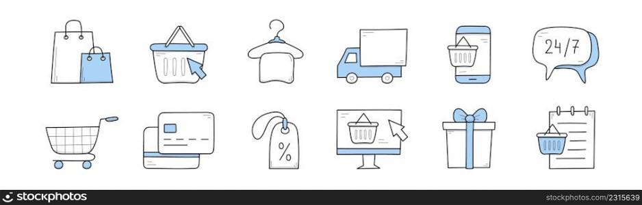 Ecommerce, retail and shopping doodle icons. Paper bags, cart with arrow pointer, hanger with clothes, delivery truck, smartphone, client support, trolley, price tag and gift box Line art vector set. Ecommerce, retail and shopping doodle icons set