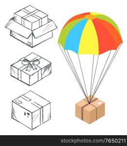Ecommerce sketch of cardboard parcel and colorful parachute with box. Web sell and fast delivery of container from internet shop. Line shape of transportation logotype symbol with ribbon vector. Sketch of Box with Parachute for Delivery Vector
