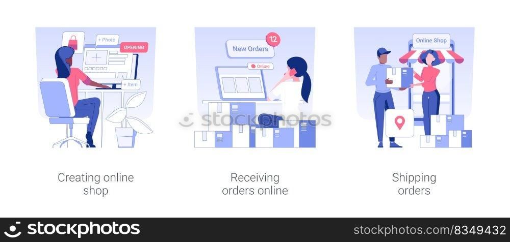 Ecommerce store owner isolated concept vector illustration set. Creating online shop, recieving orders online, shipping order to customer, courier service, e-commerce platform vector cartoon.. Ecommerce store owner isolated concept vector illustrations.